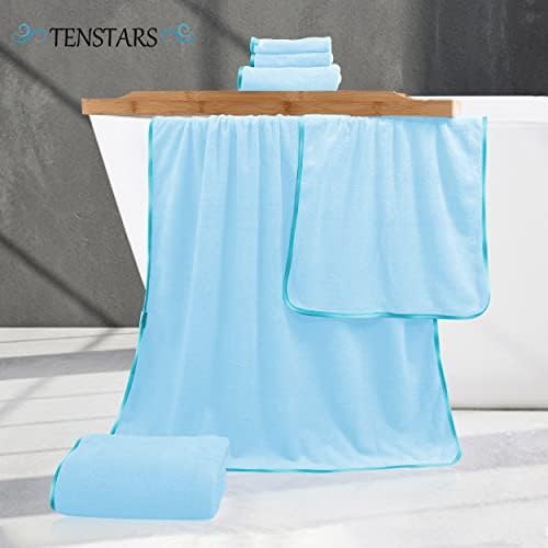 TENSTARS Luxury Silk Hemming Towel Set - Light Thin Quick Drying - 2 Bath Towels 2 Hand Towels 2 Washcloths - Ultra Soft Microfiber Towel for Bath Fitness, Sports, Yoga, Travel (Aquamarine 6 Pieces)