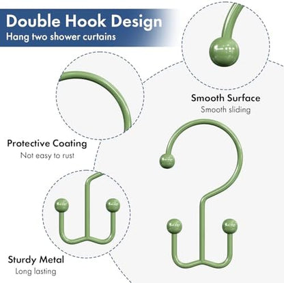 Bathway Shower Curtain Hooks Green Shower Curtain Rings, 12 Pcs Double Hook Shower Curtain Hooks Rings Shower Curtain Hangers Rust Proof, Metal Shower Hooks for Bathroom Shower Curtain Rod