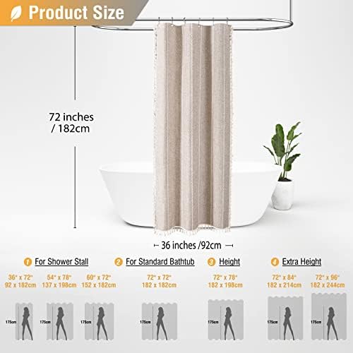 BTTN Small Boho Linen Heavy Duty Cloth Shower Curtain, 36x72, Tan/Taupe