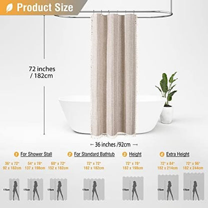 BTTN Small Boho Linen Heavy Duty Cloth Shower Curtain, 36x72, Tan/Taupe