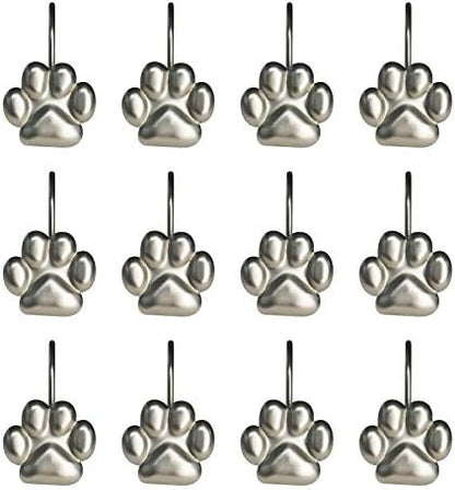 Sunlit Fashion Design Cute Paw Print Polished Shower Curtain Hooks for Dog Cat and Bear, Rust Proof Oil Rubbed Metal Shower Curtain Rings-12 Pack
