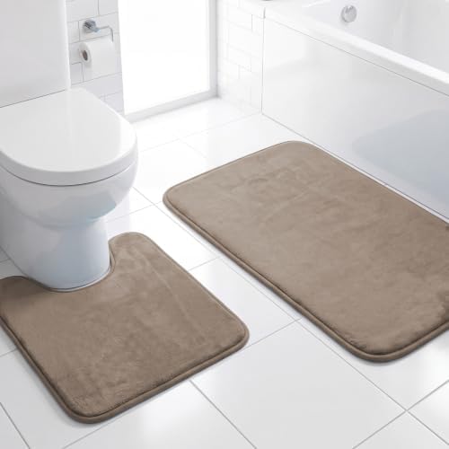 H.VERSAILTEX Bath Mat Memory Foam Set Bathroom Rug Set Flannel Velvety Bath Mat Luxury Extra Soft and Absorbent Non Slip Rugs for Bathroom/Bedroom Washable(Curved Set 24"x 36" Plus 20"x 24"U, Taupe)