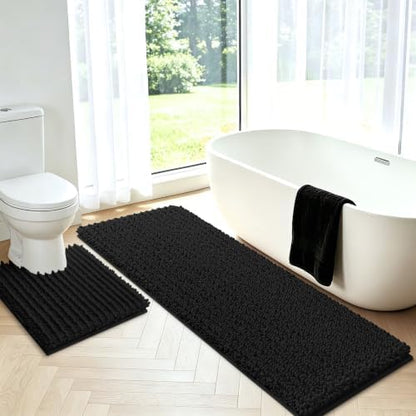 ACCUMTEK Upgrade Luxury 2 Piece Black Toilet Bathroom Rug Mat U Shape 24"x20"+48"x20", Ultra Soft Thick Absorbent Bath Mats, Non Slip Chenille Toilet Mat for Bathroom, Bedroom, Kitchen, Shower, Tub