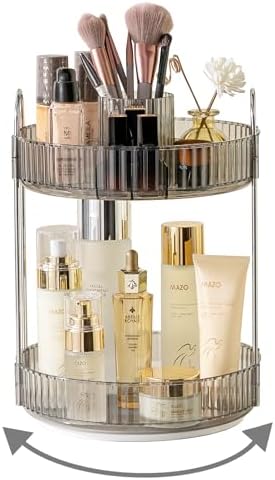 Asayuee 360 Rotating Makeup Organizer,2 Tier Large Capacity Make Up Organizers and Storage,Skincare Perfume Vanity Organizers,Bathroom Cosmetics Storage Organizer Countertop(Grey)