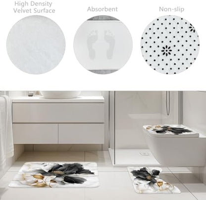 Black Gold Floral Abstract 4Pcs Bathroom Shower Curtain Set with Rugs
