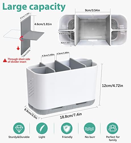 Boperzi Toothbrush and Toothpaste Holder Drainage for Bathroom Countertop with Adjustable Dividers, Large Toothpaste Caddy Organizer Storage Rustic Decor Set Anti-Slip for Shower,Family,Kids Gray