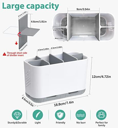Boperzi Toothbrush and Toothpaste Holder Drainage for Bathroom Countertop with Adjustable Dividers, Large Toothpaste Caddy Organizer Storage Rustic Decor Set Anti-Slip for Shower,Family,Kids Gray