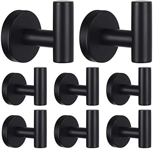 Bathroom Robe Towel Hooks Coat Matte Black Wall Hook Stainless Steel Heavy Duty Door Hanger Towel Robe Clothes Cabinet Closet Sponges Hook for Bathroom Bedroom Kitchen Hotel Pool 8 Packs