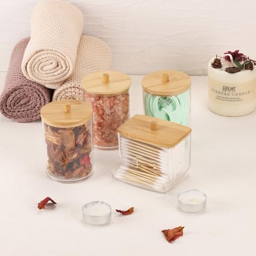 Tbestmax 4 Pack Qtip Holder Bathroom Container, 10/7oz Cotton Ball/Swabs Dispenser, Apothecary Jar with Bamboo Lids for Organizer and Storage (Beige)