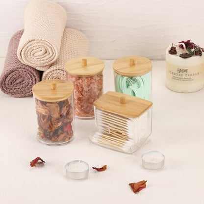 Tbestmax 4 Pack Qtip Holder Bathroom Container, 10/7oz Cotton Ball/Swabs Dispenser, Apothecary Jar with Bamboo Lids for Organizer and Storage (Beige)