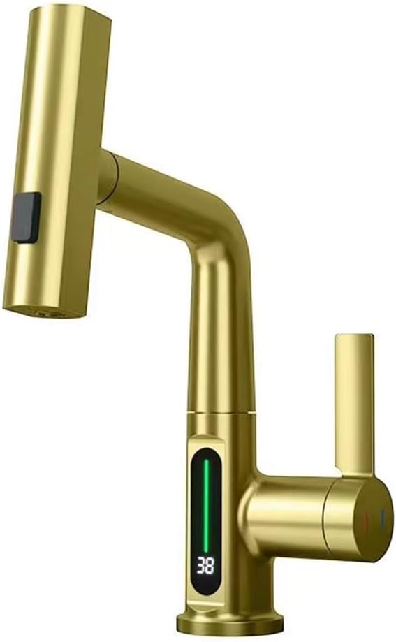 Waterfall Bathroom Faucet with Pull Down Sprayer,Faucets for Bathroom Sinks with Sprayer,Basin Vanity Faucet with Pull Out Spray Head Brushed Gold