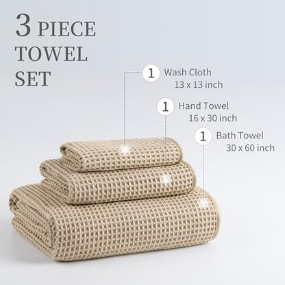 MICROFI Microfiber Waffle Bath Towels, 3 Pieces, Oversized, Soft, Absorbent, Fast Drying, Lint Free, Includes Bath, Face and Hand Towels 430 GSM