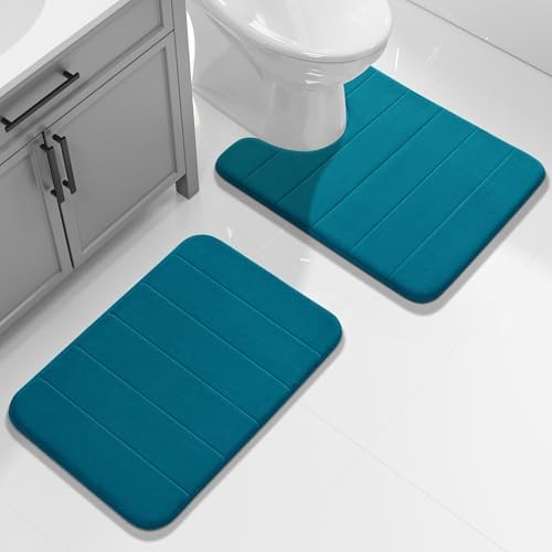 Yimobra Memory Foam Bathroom Mat Set, 24 x 17 & 24 x 20 in, Peacock Blue