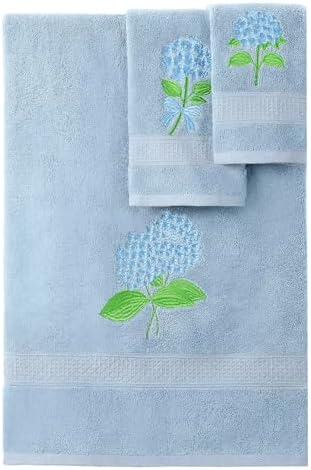 3 Pcs Hydrangea Floral Bathroom Towel Set Farmhouse Embroidered Hydrangea Floral Towels Vintage Decorative 100% Cotton Bath Towel Highly Absorbent Elegant Decor Set for Bathroom