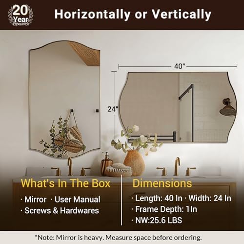 ANDY STAR Rectangle Scalloped Mirror, 24"x40" Brushed Gold Bathroom Mirror in SUS304 Stainless Steel Metal Frame, Brass Vanity Mirror with Unique Arched Top Design
