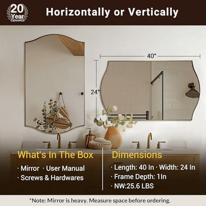 ANDY STAR Rectangle Scalloped Mirror, 24"x40" Brushed Gold Bathroom Mirror in SUS304 Stainless Steel Metal Frame, Brass Vanity Mirror with Unique Arched Top Design