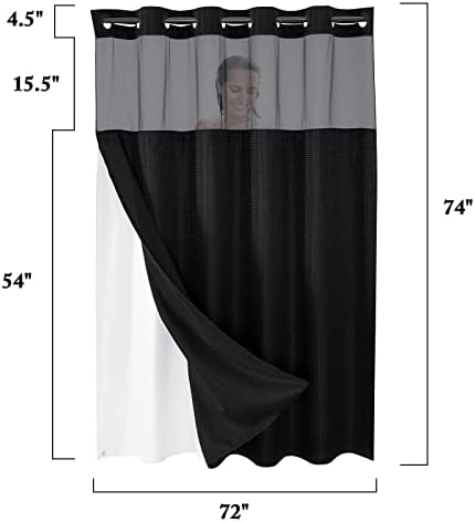 Gibelle No Hook Cloth Black Shower Curtain with Liner, 72x74