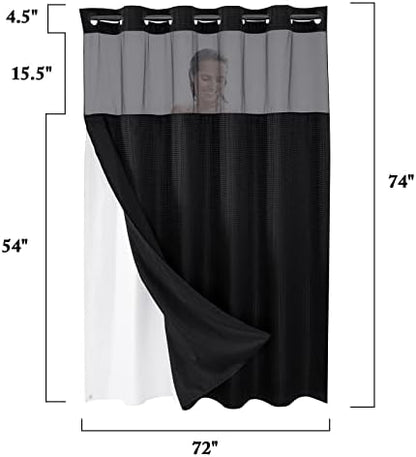 Gibelle No Hook Cloth Black Shower Curtain with Liner, 72x74