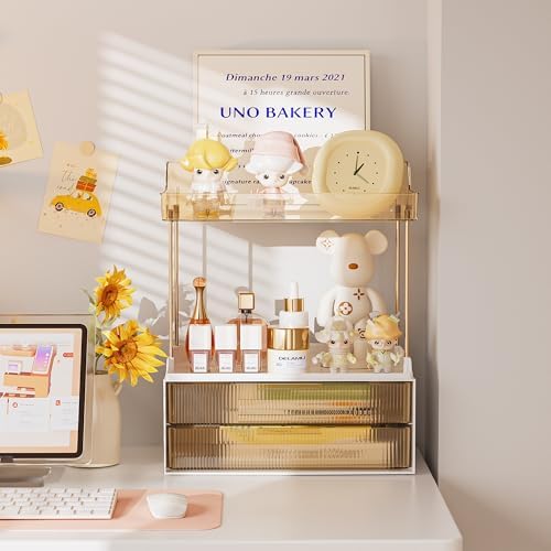Delamu 4-Tier Makeup Organizer, Bathroom Counter Storage, 2 Drawers, Amber