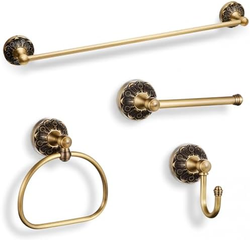 4 Pcs Antique Brass Bathroom Hardware Set, Bathroom Accessories Set, 24 Inch Wall Mounted Bath Towel Bar Toilet Paper Holder Hand Towel Holder Robe Hook for Shower Room Toilet(Single Layer)