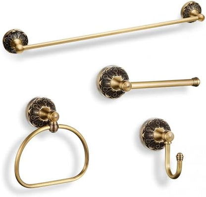 4 Pcs Antique Brass Bathroom Hardware Set, Bathroom Accessories Set, 24 Inch Wall Mounted Bath Towel Bar Toilet Paper Holder Hand Towel Holder Robe Hook for Shower Room Toilet(Single Layer)