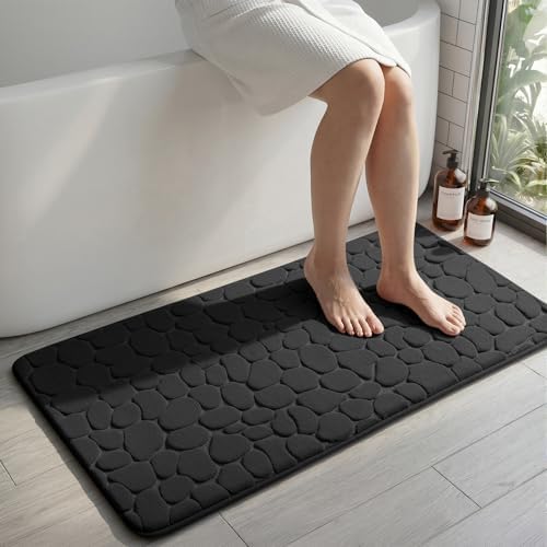 YIHOUSE Memory Foam Runner Rug, Cobblestone Bathroom Runner Rugs Super Water Absorbent Bath Mats for Bathroom Machine Washable Bath Rugs for Hallway Bedroom Laundry Room(24 x 47,Black)