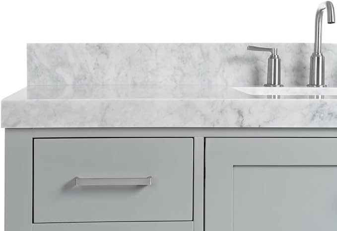 ARIEL Cambridge 54-inch Bathroom Vanity with Sink,Solid Wood, 1.5-inch Italian Carrara Marble Countertop, Single Rectangular Porcelain Sink, 2 Soft Closing Doors, 9 Dovetail Drawers, Grey
