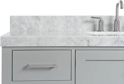 ARIEL Cambridge 54-inch Bathroom Vanity with Sink,Solid Wood, 1.5-inch Italian Carrara Marble Countertop, Single Rectangular Porcelain Sink, 2 Soft Closing Doors, 9 Dovetail Drawers, Grey