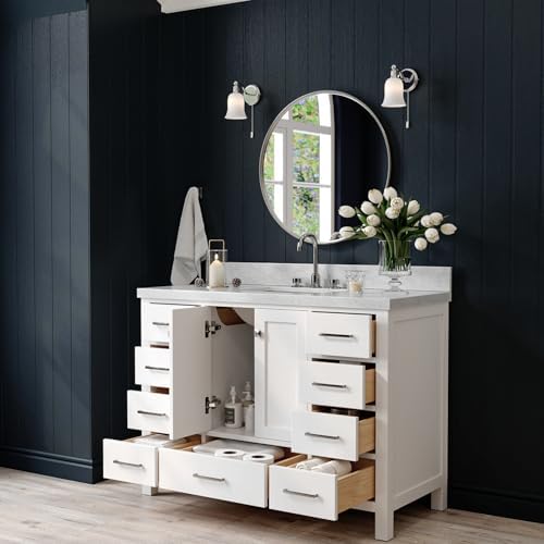 ARIEL Cambridge 48-inch Bathroom Vanity with Sink,Solid Wood, 1.5-inch Italian Carrara Marble Countertop, Single Rectangular Porcelain Sink, 2 Soft Closing Doors, 9 Dovetail Drawers, White