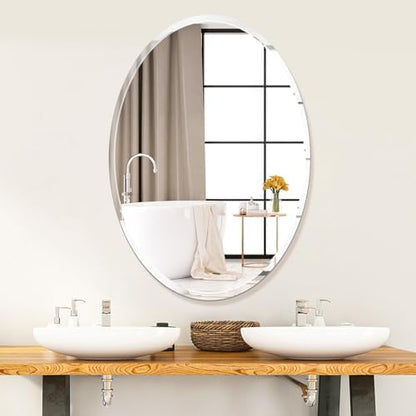 Oval Frameless Wall Mirror, 24 x 36 Inch, Beveled Edge Bathroom Mirror