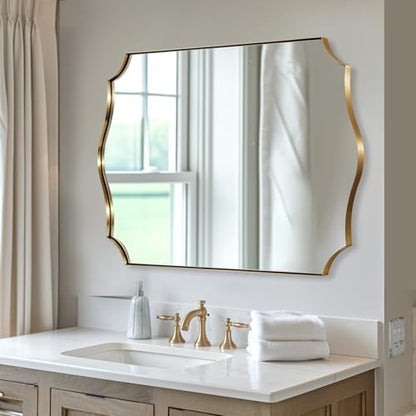 ANDY STAR 30x36 Inch Vanity Wall Mirror, Gold Bathroom Mirror for Over Sink, Champagne Bronze Mirror in Anti-Rust Stainless Steel Frame, Elegant Curved Scallop Design, Ideal for Bathroom, Powder Room