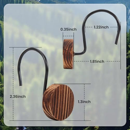Wood Shower Curtain Hooks Rust Proof, Boho Shower Curtain Hooks Decorative, 24 Pack Shower Hooks for Shower Curtain, Shower Curtain Hangers Hooks (Brown,24)