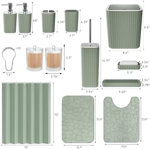 XLHOMO Bathroom Accessories Set - 25PC Sage Bathroom Set, Bathroom Set with Shower Curtain and Rugs, Sage Green Shower Curtain Set, Bathroom Accessory Set, Trash Can & Soap Dispenser