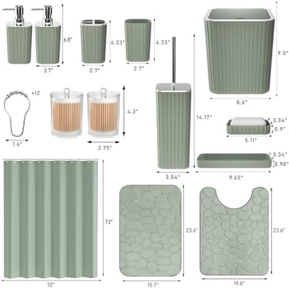 XLHOMO Bathroom Accessories Set - 25PC Sage Bathroom Set, Bathroom Set with Shower Curtain and Rugs, Sage Green Shower Curtain Set, Bathroom Accessory Set, Trash Can & Soap Dispenser