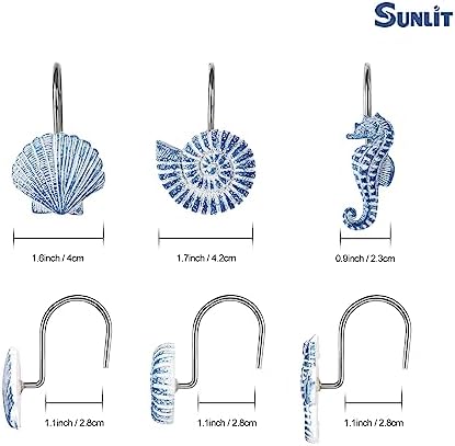 Sunlit Seashells Decorative Shower Curtain Hooks, Sky Blue Ocean Creatures Coastal Shower Curtain Rings, Resin, Nautical Bathroom Decoration Beach Shower Curtain Hooks-12 Pack