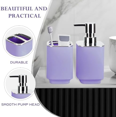 Purple Bathroom Accessories 2 Pcs, Soap Dispenser and Toothbrush Holder Set