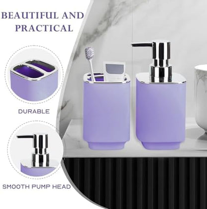 Purple Bathroom Accessories 2 Pcs, Soap Dispenser and Toothbrush Holder Set