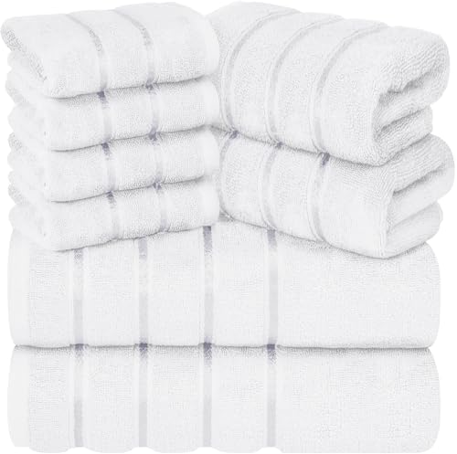 Luxury Towels for Bathroom Set of 8-2 Bath Towels 2 Hand Towels 4 Washcloths - 600 GSM 100% Cotton Ring Spun Viscose Border Towels Set - White