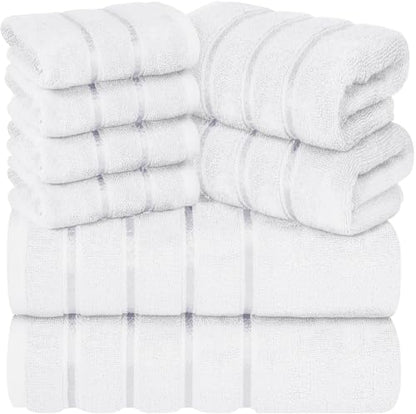 Luxury Towels for Bathroom Set of 8-2 Bath Towels 2 Hand Towels 4 Washcloths - 600 GSM 100% Cotton Ring Spun Viscose Border Towels Set - White