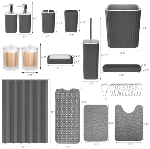 XLHOMO 26PC Bathroom Accessories Set - Gorgeous Grey Bathroom Set, Bathroom Accessory Set, Shower Curtain Set with Bathtub Mats for Shower Tub, Trash Can & Soap Dispenser