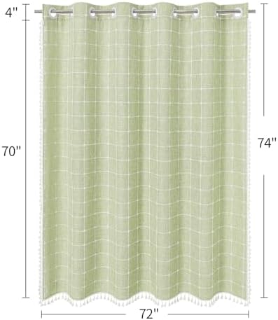 MitoVilla No Hooks Needed Boho Farmhouse Shower Curtain with Snap-in Liner, Cotton Linen Fabric Shower Curtains with Tassels for Rustic Neutral Bathroom Decor, Sage Green, 72 x 74