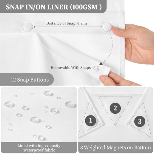 BTTN 72x81 Ringless Linen Textured Shower Curtain with Snap in Liner, White