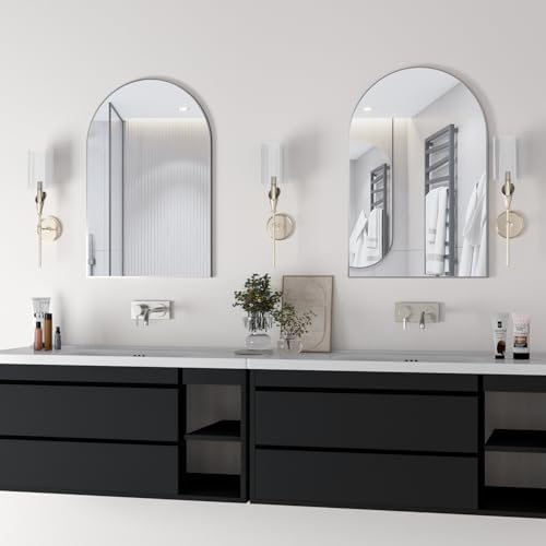 Wall Mounted Mirror, Arched Wall Mirror for Bathroom, 20"x30" Arch Bathroom Mirror with Metal Frame, 2 Pieces Silver Vanity Mirror Decor for Mantle, Bedroom, Entryway