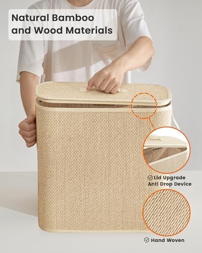 Bamboo Toilet Paper Storage Basket with Lid & Handle - 32L Large Capacity Handwoven Bathroom Organizer for 16 Rolls - Sturdy Stand Holder for Toilet Paper Organization, Light Natural