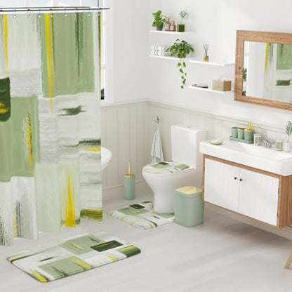 XLHOMO Bathroom Accessories Set - 25PC Bathroom Set with Shower Curtain and Rugs, Sage Green Bathroom Set, Bathroom Accessory Set with Press-on Lid Trash Can, Soap Dispenser and Qtip Holders