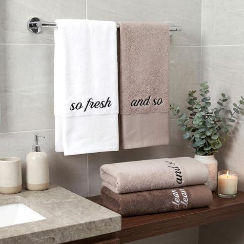 Tiamon 3 Pcs Bathroom Towel Decorative Set 100% Cotton Fluffy Bath Hand Towels for Guest Gifts Farmhouse Kitchen Hand Towels Home(White, Light Brown, Dark Brown,30 x 13 Inch,So Fresh and So Clean)