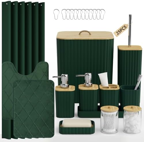 Bathroom Accessory Set - 25PC Bathroom Sets with Shower Curtain and Rugs, Green Bathroom Set, Bathroom Accessories Set, Shower Curtain Sets with Rugs, Bathroom Trash Can & Soap Dispenser