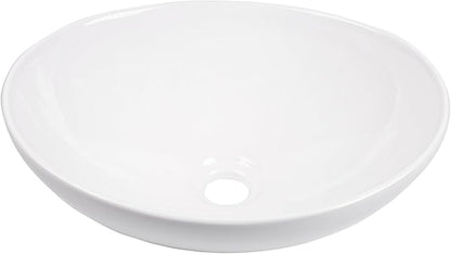 Oval Bathroom Vessel Sink Above Counter, QISHKA 16" x 13" Countertop Vanity Sink Modern Art Basin Lavatory White Ceramic White Bowl Sink