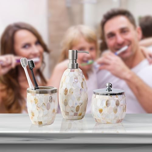 Escenzy Natural Shell Bathroom Accessories Set 3 Pcs | Handcrafted Mother of Pearl Mosaic Glass Soap Dispenser, Toothbrush Holder, Cotton Jar | Luxury Coastal Bathroom Decor