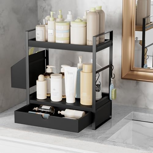 2-Tier Bathroom Counter Organizer, Wooden Vanity Shelf with Drawer & Basket